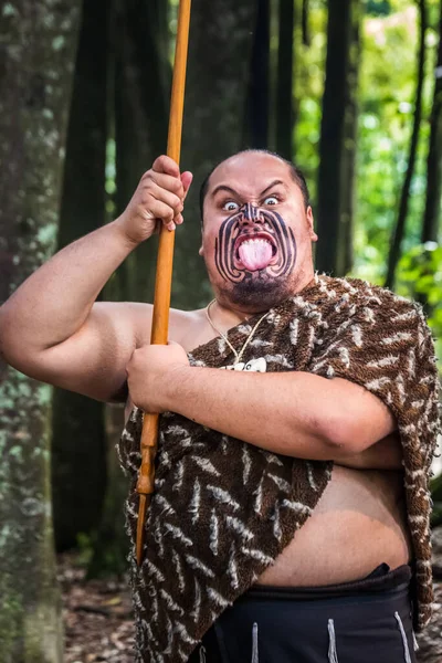 毛利部落传统的问候表演 罗托鲁阿镇的维京人毛利人是新西兰的土著波利尼西亚人 新西兰罗托鲁阿 2018年1月13日 — 图库照片
