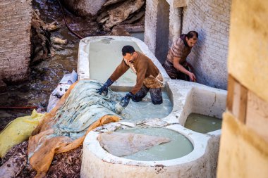 Geleneksel deri boyama işinde çalışan erkekler geleneksel bir tabakhanede, Medina of Fez, Fas. Fas 'tan. 10 Nisan 2016.