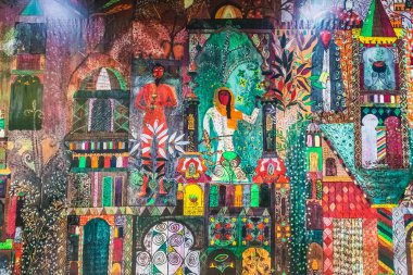 Fas 'ın ünlü mavi şehri Chefchaouen' de yerel sanat. Şef, Fas - 11 Nisan 2016.