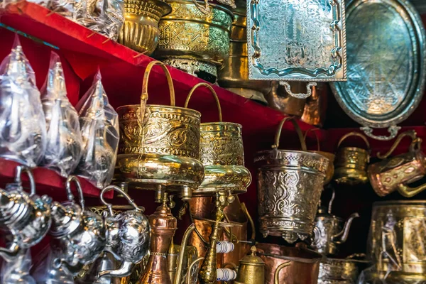Moroccan Handmade Metal Handcrafted Plates Antiques Shop Medina Fez Morocco — Stock Photo, Image