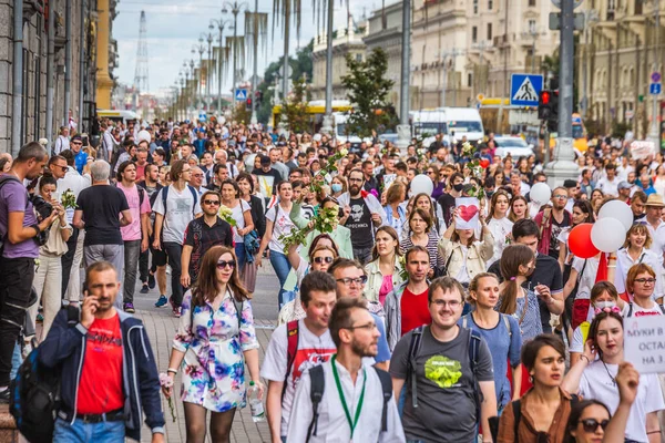 Huge Crowd Peaceful Protests Stolen Presidential Elections Minsk Belarus — Stock Photo, Image