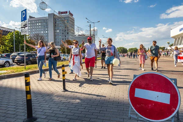 Happy People Biggest Peaceful Protests Belarus History Rigged Presidential Elections — Stock Photo, Image