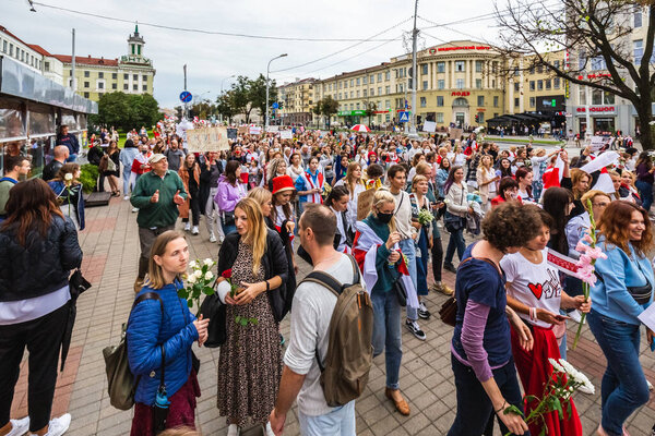 Women during peaceful protests in Belarus against rigged presidential elections in Minsk, Belarus. Minsk, Belarus - August 30 2020.