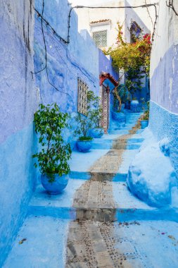 Chefchaouen 'de tipik Fas dar sokakları. Fas 'ta mavi duvarları olan mavi bir şehir..