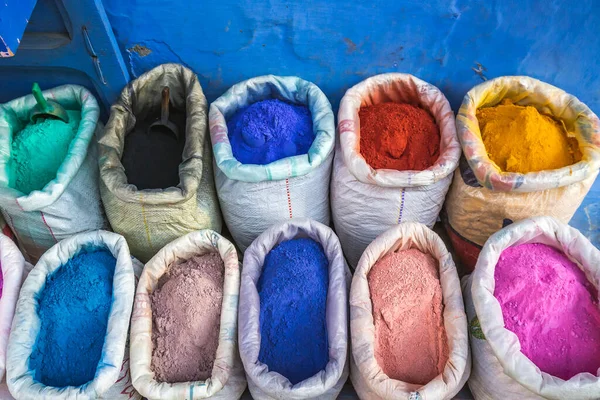 Colourful Powdered Pigments Sacks Sale Chefchaouen Blue City Medina Morocco — Stock Photo, Image