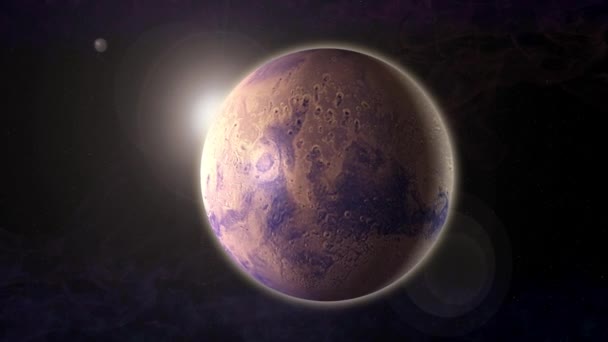 4K Animación de un planeta de marte realista con destello solar en el espacio — Vídeo de stock