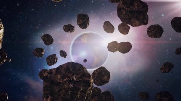Пролітаючи через пояс астероїдів, з видом на планету Земля, космос, 4K — стокове відео