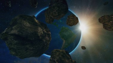 asteroit veya göktaşı uzayda Dünya gezegeni arka plan üzerinde uçar
