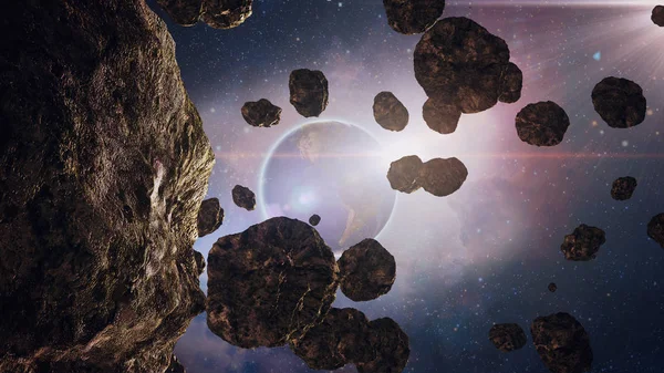 uzayda, onun parlak parlama ile gezegen Satürn, asteroitler ile uçuş