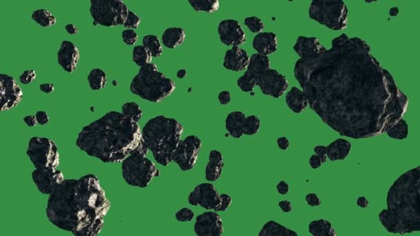 Un grupo de asteroides o meteoritos, volando y girando, y sobre un fondo blanco — Vídeos de Stock