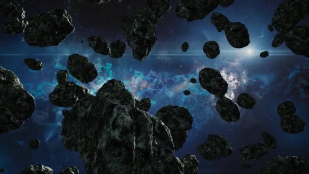 Blauwe Galaxy en asteroïden met sterretjes en zwarte schittering van de zon. Scène van de ruimte. Deep space. — Stockvideo