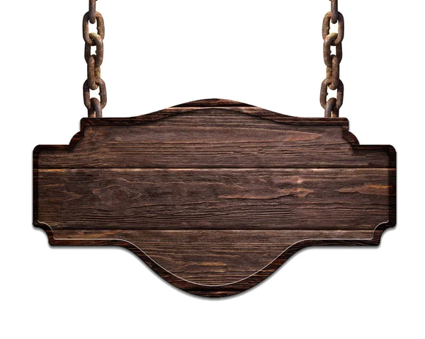 Wooden dark plate hanging on chains isolated on white background — Stock Photo, Image