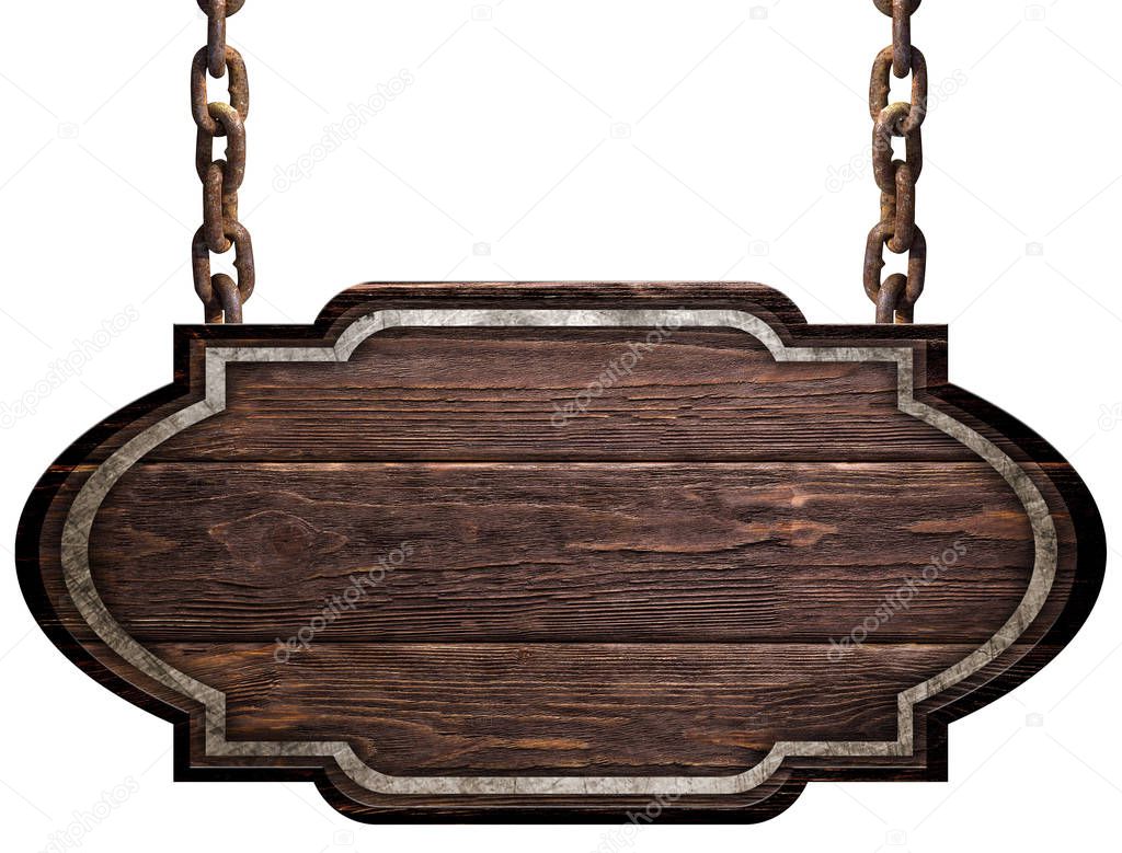 dark plate with metal strip hanging on chains isolated on white background