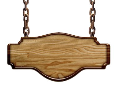 beyaz arka plan üzerinde izole zincirleri asılı ahşap ışık plaka