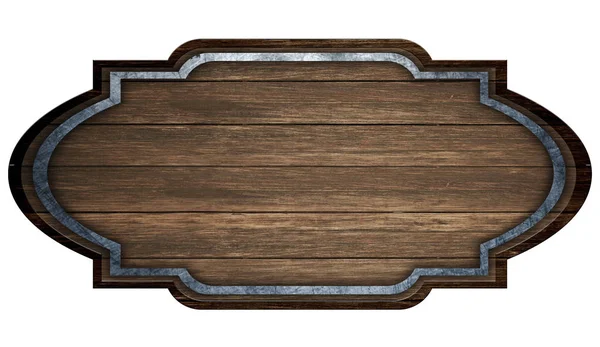 Dřevěná tmavá deska s kovovým pruhem izolovaným na bílém pozadí — Stock fotografie