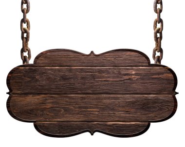 beyaz arka plan üzerinde izole zincirleri asılı ahşap koyu plaka