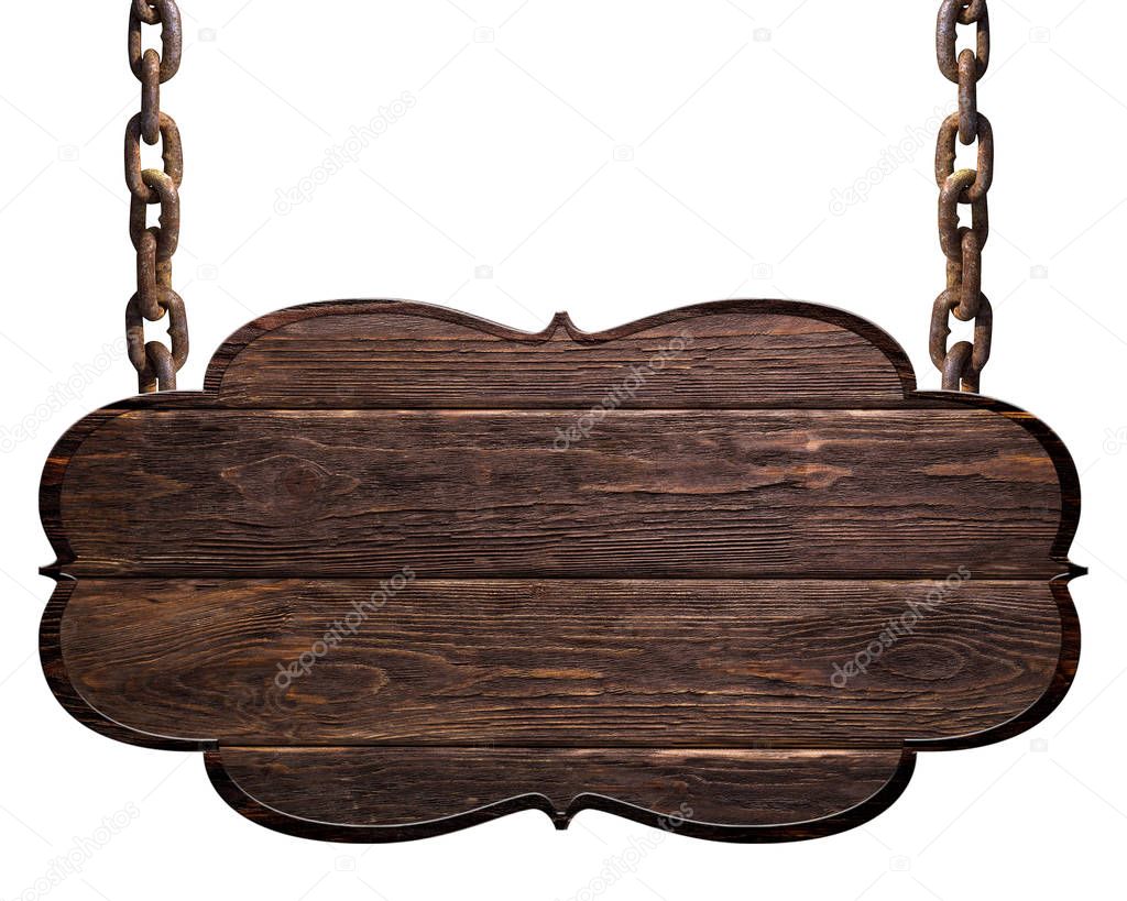 wooden dark plate hanging on chains isolated on white background