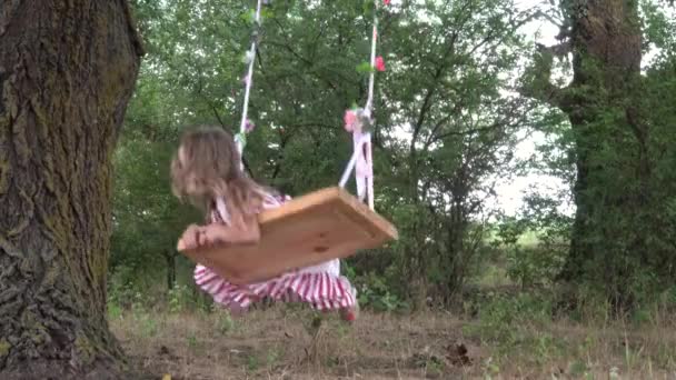 Playful Little Girl Riding Swing Close Laughing Smiling — Stock Video