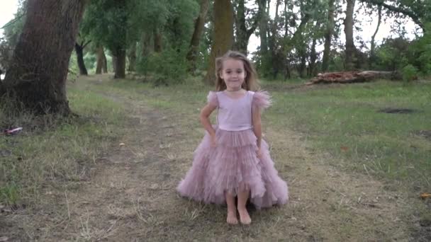 Little Beautiful Girl Beautiful Pink Dress Smile Her Face Walking — Stock Video