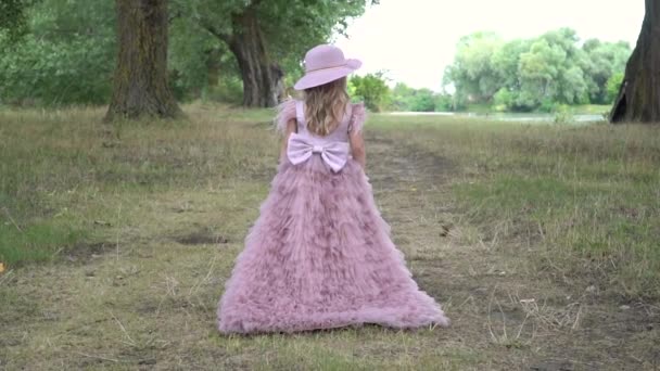 Fetiță Frumoasă Rochie Roz Frumoasă Fața Plimbări Natură Mișcare Lentă — Videoclip de stoc