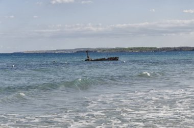 Paslı bir batık gemi denize yakın bakış