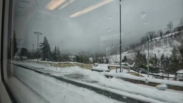 Besneeuwde Landschap Binnen Trein Vanuit — Stockvideo