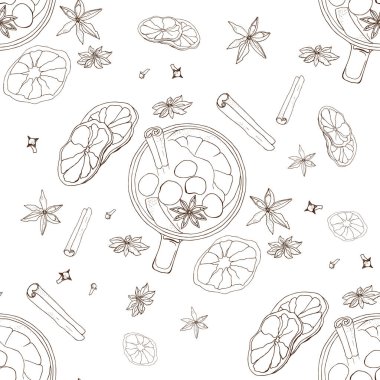 Baharat desenli karanfiller, tarçın çubukları, sıcak şarap için yıldız anason ve portakal.