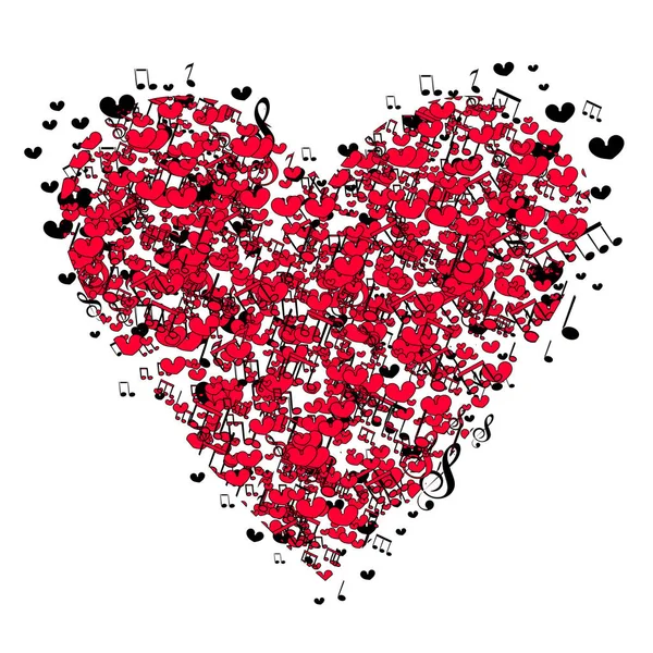 Corazón musical para el día de San Valentín. Ilustración vectorial, camiseta, logotipo, mascota, un amor por la música . — Archivo Imágenes Vectoriales