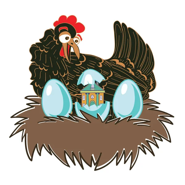 Chicken surprise. Hen on nest with eggs. Funny original illustration with a large range of applications