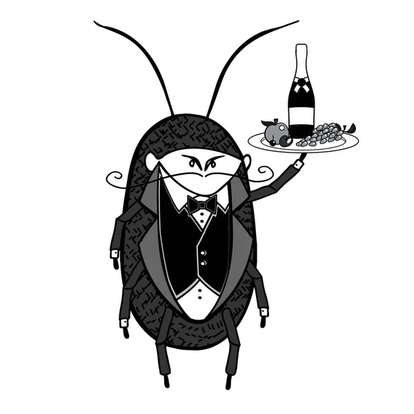 Σερβιτόρος κατσαρίδα. Ένα φιλόξενο χαρακτήρα στυλιζαρισμένα σερβιτόρος κρατώντας πιατέλα — Φωτογραφία Αρχείου