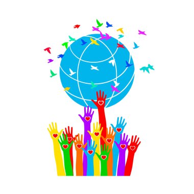 Kalpleri ile el dünyanın renkli kuşlar tarafından çevrili destekler. Barış sembolü.