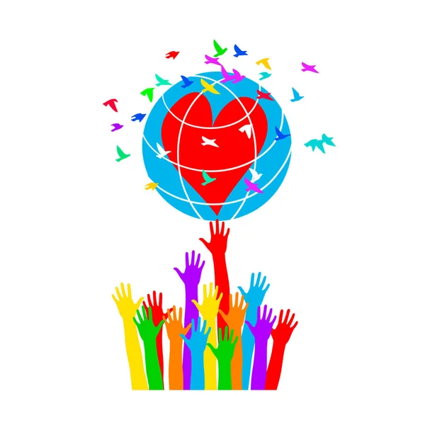 Hands support the globe with hearts surrounded by colorful birds. Symbol of peace. — Stock Vector