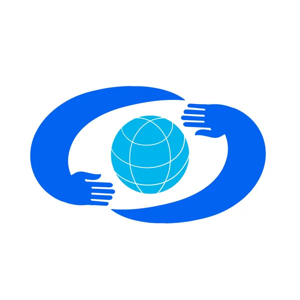 Handen met blauwe planeet. Logo sjabloon. — Stockvector