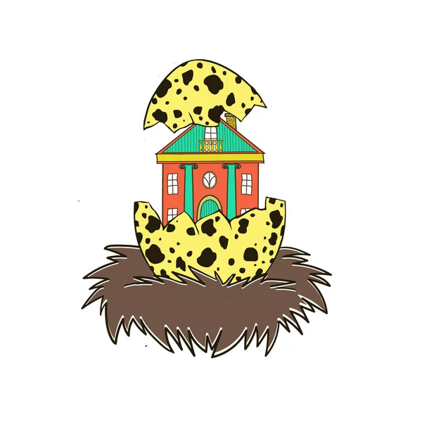 House in a birds nest. Illustration. Illustration isolated on white background, logo, t-shirt design. — Stock Photo, Image