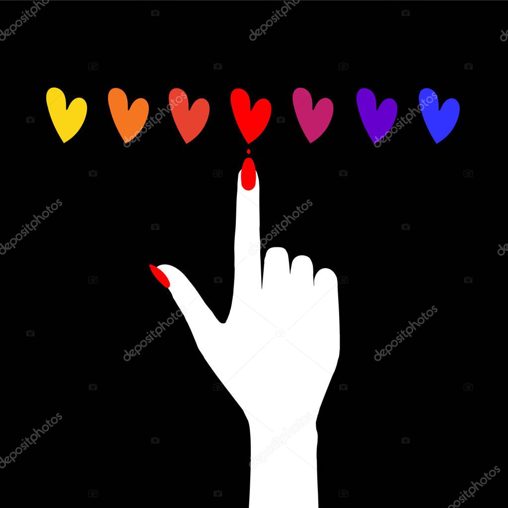 Nail art.  illustration. Templates of hearts and hand with nails for an emblem of salon of manicure