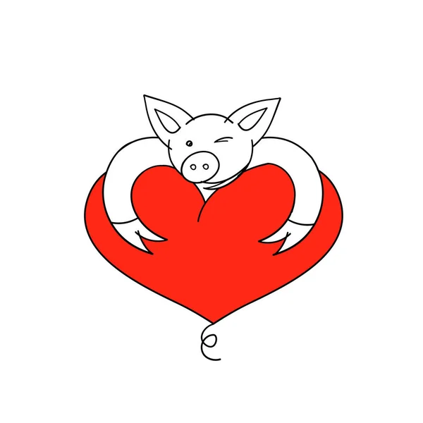 Pig with heart. Vector Illustration. Cartoon funny pig. Pig with heart for Valentines day card. — Stock Vector