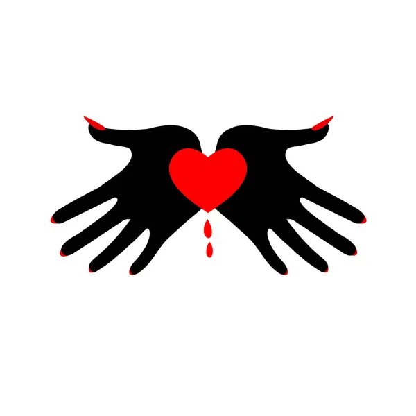 Corazón en palmas negras. Imagen demoníaca. Símbolo de la pasión fatal . — Vector de stock