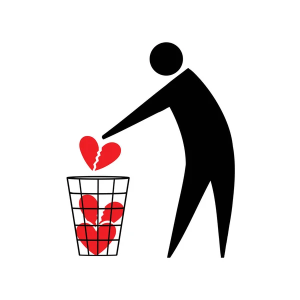 Gebroken hart. Gebroken hart. Symbolische man gooit in de Prullenbak een gebroken hart. Onbeantwoorde liefde. — Stockfoto