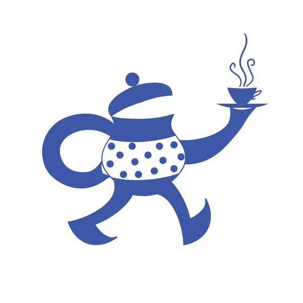 Персонаж чайник с чашкой горячего чая. Оригинальная забавная иллюстрация — стоковое фото