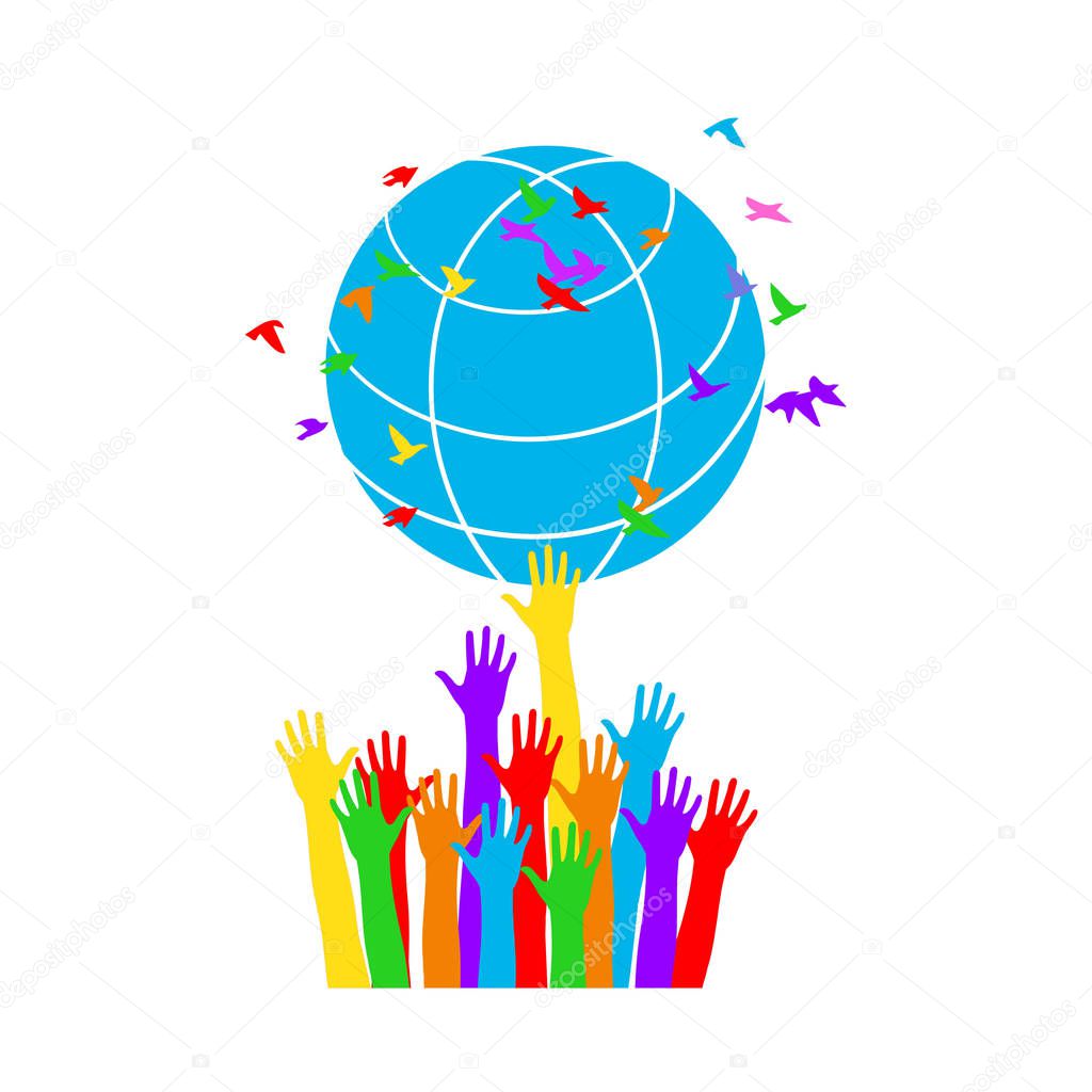 Hands twirl the globe with flying birds. World Environment Day background.