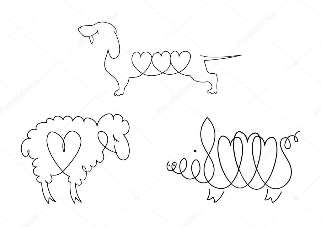 Set of line images of domestic animals - dogs, sheep, pigs. Pets or symbols of the Chinese horoscope.