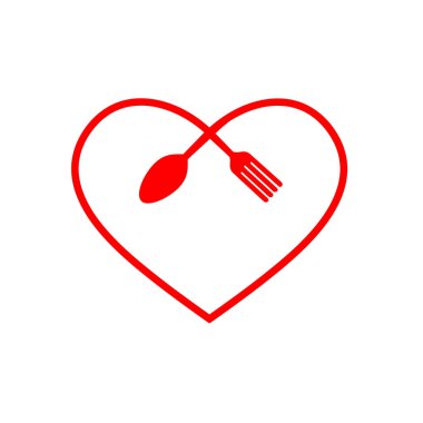 Gıda modern tarz logo tasarım seviyorum. bir kaşık bıçak ve çatal bir kalp şeklinde. Vektör düz illüstrasyon simge. Beyaz arka plan üzerinde izole. Kaşık ve çatal gıda aşk plaka kavramı