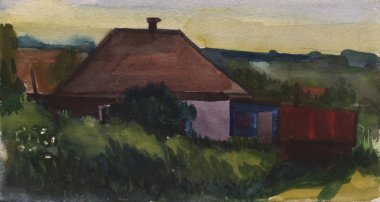 Suluboya yeşilliklerle çevrili kırsal ev.