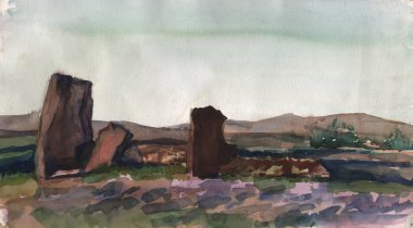 Khakassia Sibirya'da taş taş anıt. Kalite suluboya resim. Doğadan yapılan suluboya kroki