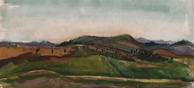 Suluboya manzara. Doğa arka plan, dağlar ve güneş, yatay.