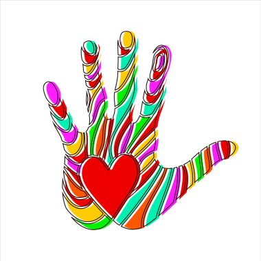 Aşk sembolü ile parlak renkli el izi. Basit öğe vektör çizim beyaz arka plan üzerinde.