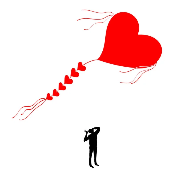 Kite in de vorm van een hart. Man op zoek naar een vliegende kite. — Stockvector