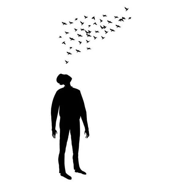 Man looks at a flock of birds. Black and white, shadows, vector illustration — Stock Vector