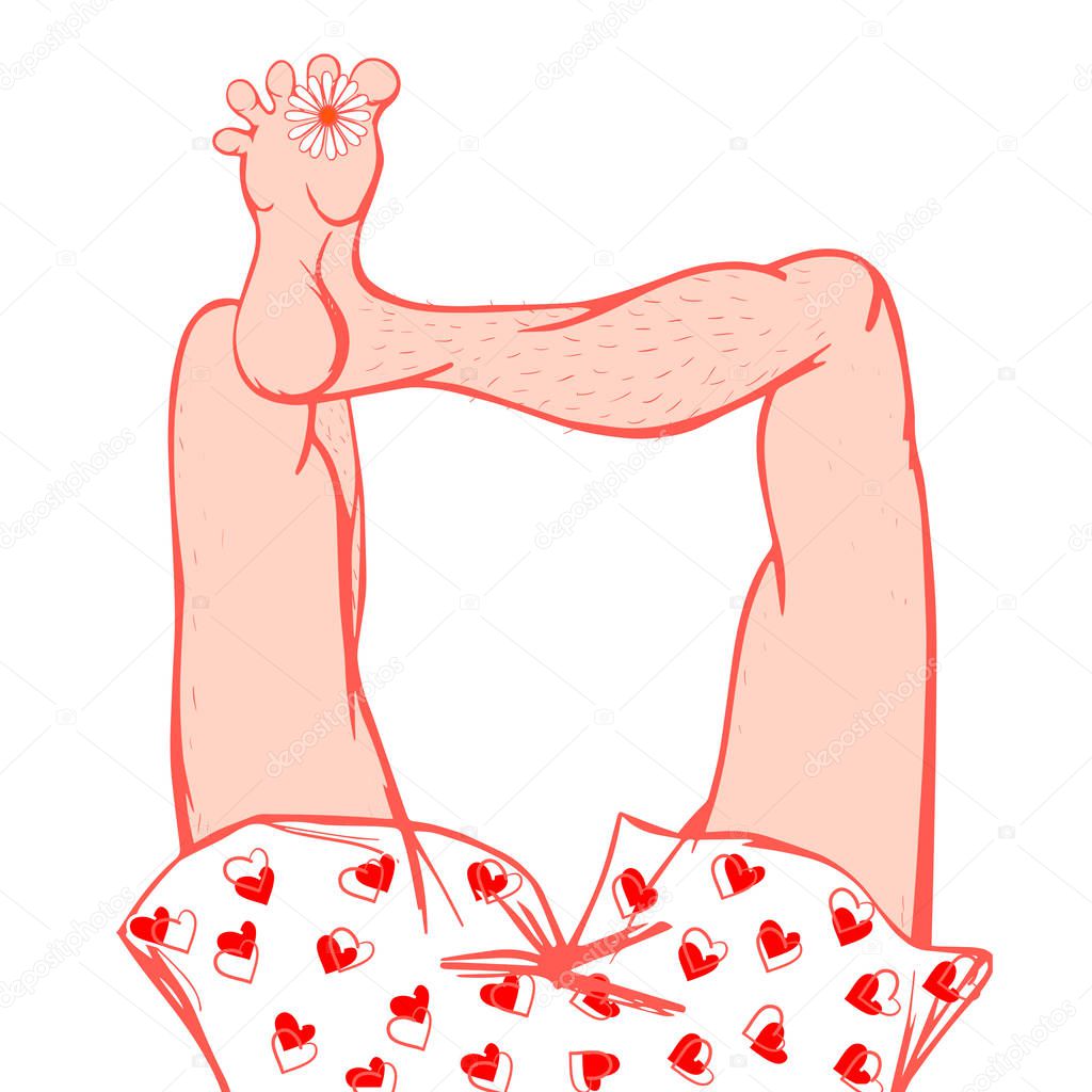Lower part of the male body in shorts with a pattern of hearts. Relax on the beach.