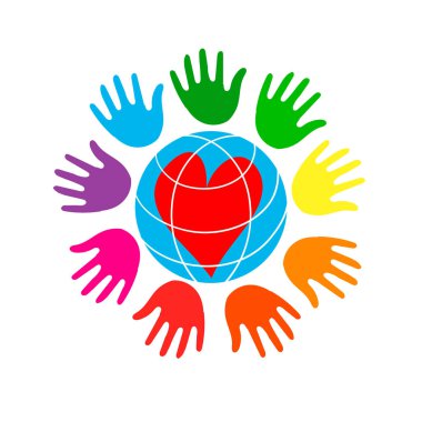 Dünya renkli avuç içi ile kalp ile. Soyut dünyanın simgesini - küresel Eko kavramı.